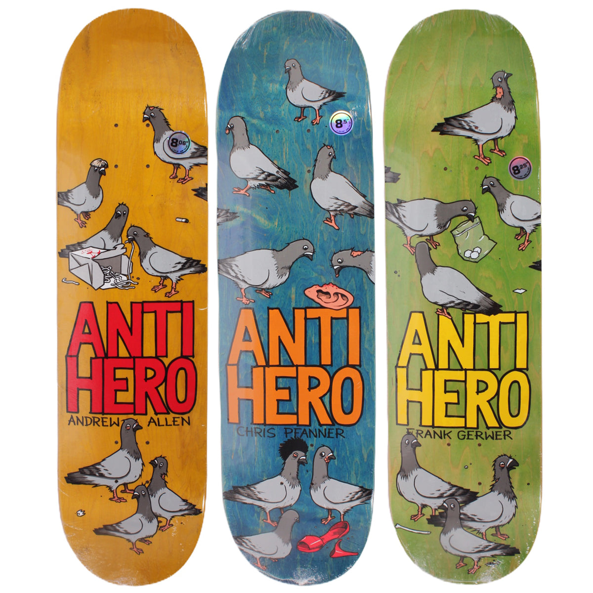 Overripe Anti Hero Set of 3 Decks Flock of Pigeons 2015s Allen 8.06" Gerwer 8.25" Pfanner 8.5"